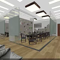 Elegant Hotel Mahjong Room Interior With Wooden Tables Chairs Glass Partitions And Warm Lighting