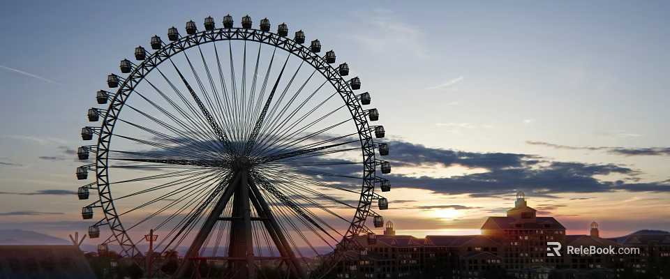 Ferris Wheel Amusement Ride With Sunset Sky And City Buildings View 3d model 