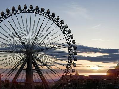 Ferris Wheel Amusement Ride With Sunset Sky And City Buildings View 3d model