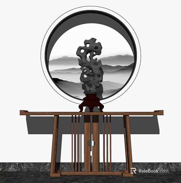 Traditional Chinese Console Table Featuring Circular Mountain Landscape And Stone Sculpture 3d model