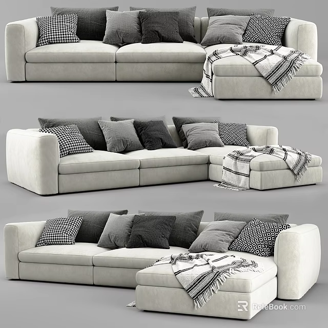 Contemporary Light Gray Sectional Sofa Set With Decorative Pillows And Throw Blanket 3d model