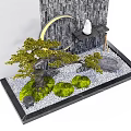 Karesansui Dry Garden With Bonsai Pine Stone Wall Crescent Moon Moss Gravel And Stone Lantern
