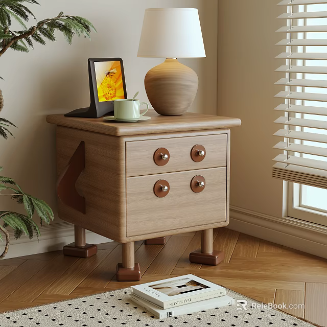 Wooden Bedside Table with Two Drawers Brass Knobs Table Lamp Green Mug and Photo Frame 3d model 