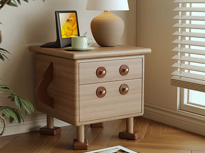 Wooden Bedside Table with Two Drawers Brass Knobs Table Lamp Green Mug and Photo Frame 3d model