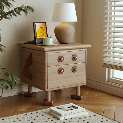 Wooden Bedside Table with Two Drawers Brass Knobs Table Lamp Green Mug and Photo Frame 3d model