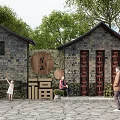 Traditional Chinese Scenic Wall with Stone Structure Wooden Fortune Character Trees and Stone Pavement
