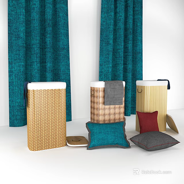 Teal Curtains Woven Storage Baskets And Colorful Pillows For Cozy Home Essentials 3d model 