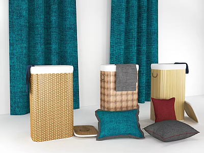 Teal Curtains Woven Storage Baskets And Colorful Pillows For Cozy Home Essentials 3d model