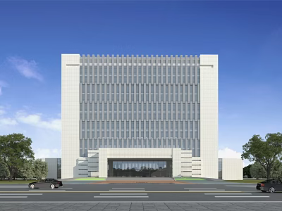 Modern White Office Building With Glass Curtain Wall Main Entrance Trees And Blue Sky 3d model