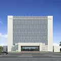 Modern White Office Building With Glass Curtain Wall Main Entrance Trees And Blue Sky