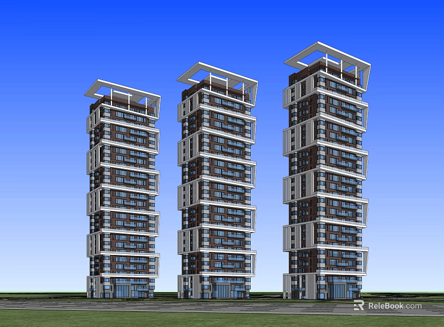 Three Modern High Rise Residential Buildings With Glass Facades And Structured Balconies Exterior Design 3d model 
