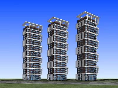Three Modern High Rise Residential Buildings With Glass Facades And Structured Balconies Exterior Design 3d model