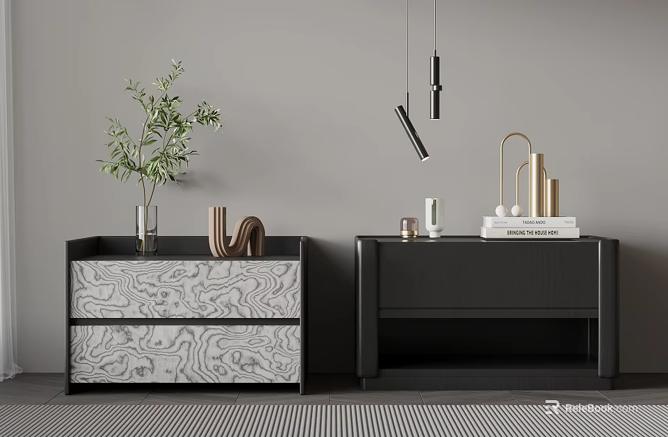 Modern Bedside Tables With Marble Drawers Black Surface Green Plant Table Lamp And Books 3d model 