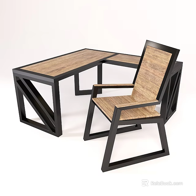 Modern L Shaped Office Desk With Wooden Top Black Metal Frame And Accompanying Chair 3d model 