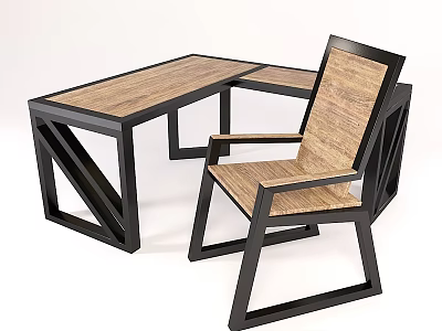 Modern L Shaped Office Desk With Wooden Top Black Metal Frame And Accompanying Chair 3d model