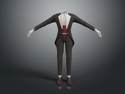 3D Model Men's Formal Suit With Black Coat White Shirt Red Vest Striped Pants 3d model