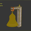 Brass Bell Hanging On Red Accent Wooden Support Structure With Dark Background