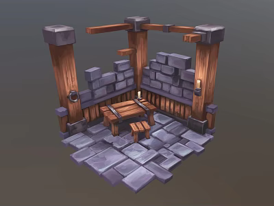 Cartoon Scene With Stone Walls Wooden Pillars And Wooden Table On Stone Floor 3d model