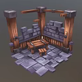 Cartoon Scene With Stone Walls Wooden Pillars And Wooden Table On Stone Floor