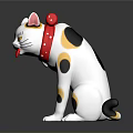 White Maneki Neko Figurine With Black Spots Red Polka Dot Bow And Raised Paw