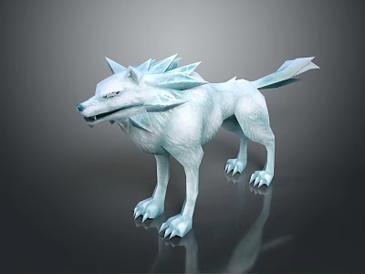 Ice Blue Wolf With Crystal Like Mane And Tail On Dark Reflective Background 3d model