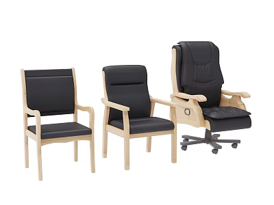 Three Different Design Leisure Chairs With Wooden Frame Black Cushion And Swivel Wheels 3d model