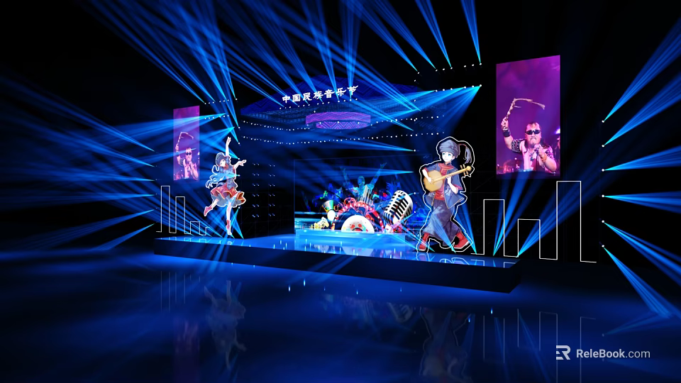 Live Stage Performance Featuring Performers Blue Lights Large Screens Guitarist Drummer And City Skyline 3d model 