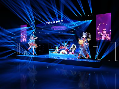 Live Stage Performance Featuring Performers Blue Lights Large Screens Guitarist Drummer And City Skyline 3d model