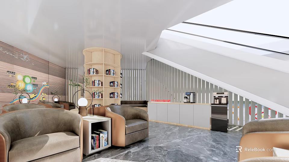 Modern Lounge Area Interior Design With Comfortable Sofas Bookshelves And Skylights 3d model