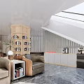 Modern Lounge Area Interior Design With Comfortable Sofas Bookshelves And Skylights 3d model