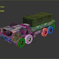 Camouflaged Military Truck With Green Cargo Container And Multi Wheeled Structure