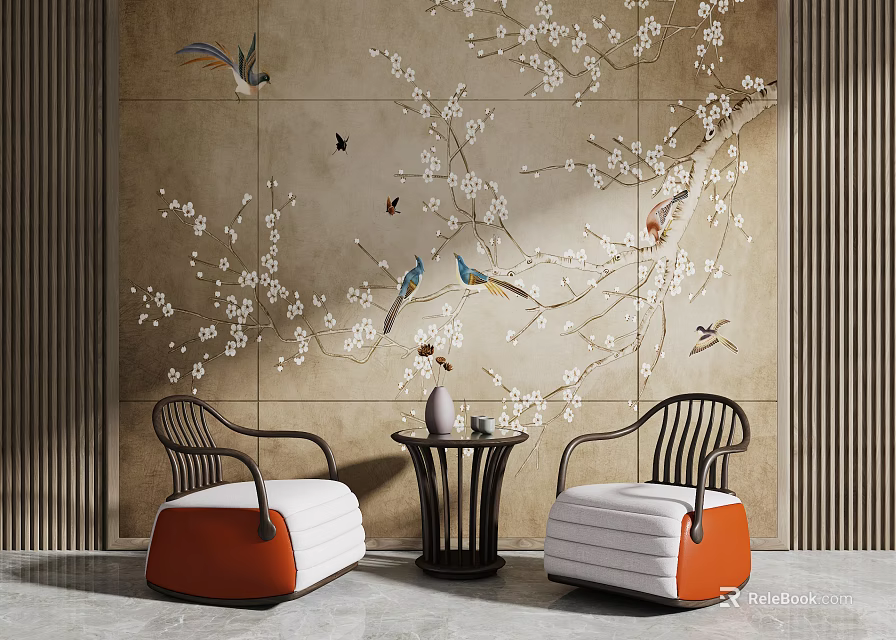Leisure Sofa Set with Orange White Seats Plum Blossom Bird Mural and Small Coffee Table 3d model 