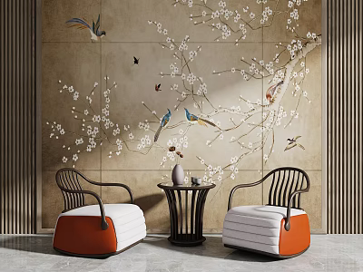 Leisure Sofa Set with Orange White Seats Plum Blossom Bird Mural and Small Coffee Table 3d model