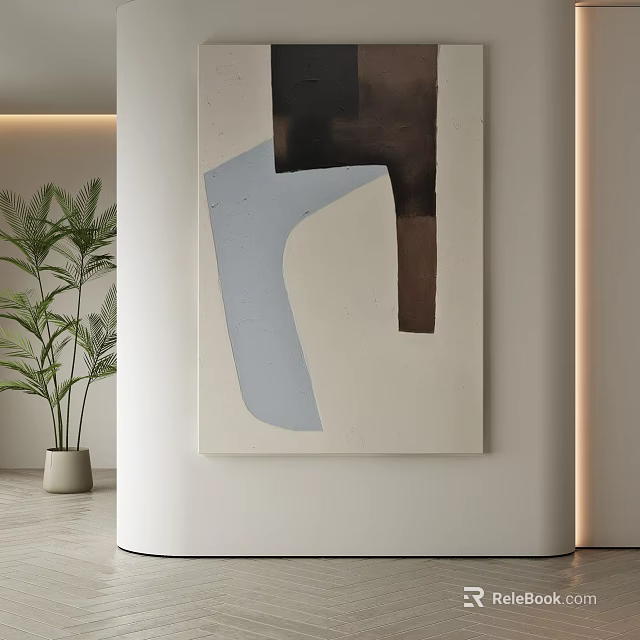 Abstract Painting With Blue Brown White Geometric Shapes On White Wall Modern Interior With Potted Plant 3d model 
