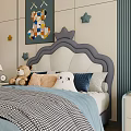 Cozy Kids Bed with Crown Headboard Colorful Wall Art Star Decorations and Stuffed Toys