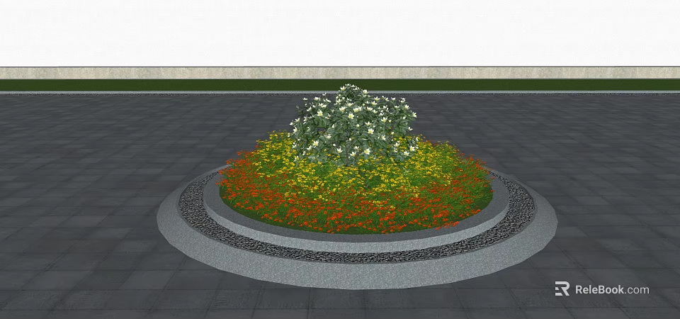 Circular Flower Bed Planter With White Yellow Orange Blooms And Stone Edge 3d model 