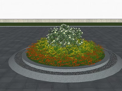 Circular Flower Bed Planter With White Yellow Orange Blooms And Stone Edge 3d model