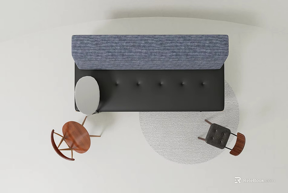 Stylish Casual Sofa Set Interior With Blue Black Fabric Tufted Seats And Wooden Side Chairs 3d model 