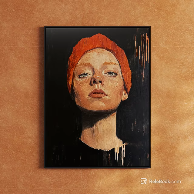 Portrait Painting Of Woman In Red Beanie With Dark Background And Dripping Paint 3d model 