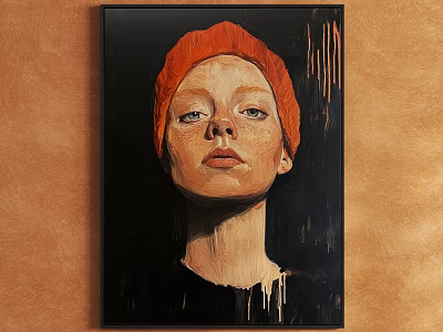 Portrait Painting Of Woman In Red Beanie With Dark Background And Dripping Paint 3d model