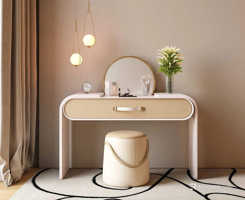 Elegant Modern Dressing Table with Round Mirror Cosmetics Flower Vase Hanging Lights and Stool 3d model 