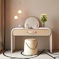 Elegant Modern Dressing Table with Round Mirror Cosmetics Flower Vase Hanging Lights and Stool