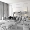 Modern Living Room Sofa and Coffee Table Set With Decorative Pillows Lamps and Wall Art