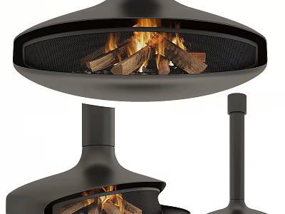 Modern Hanging Curved Metal Fireplace With Burning Wood Logs And Unique Design 3d model