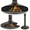 Modern Hanging Curved Metal Fireplace With Burning Wood Logs And Unique Design