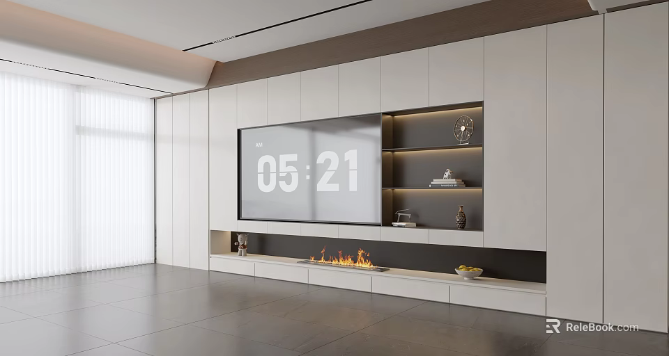 Modern TV Console Design With Integrated Fireplace Storage Cabinets And Ambient Lighting 3d model 