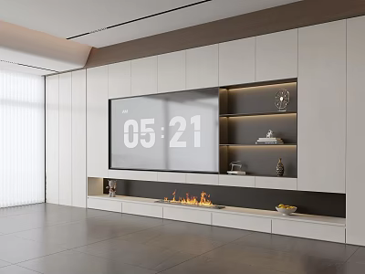 Modern TV Console Design With Integrated Fireplace Storage Cabinets And Ambient Lighting 3d model
