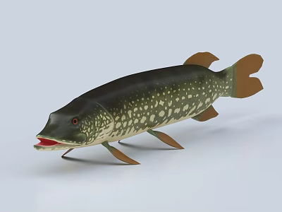 Greenish Pike Fish With Elongated Body Red Mouth And White Spots 3d model
