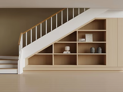 Modern Staircase With Wooden Handrail White Balusters And Built In Bookshelves With Books Decorative Items 3d model