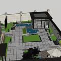 Serene Modern Courtyard Garden With Pavilion Pool Stone Pathway And Lush Lawn